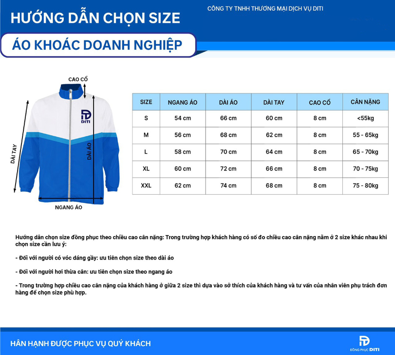 Bảng size đồng phục áo khoác