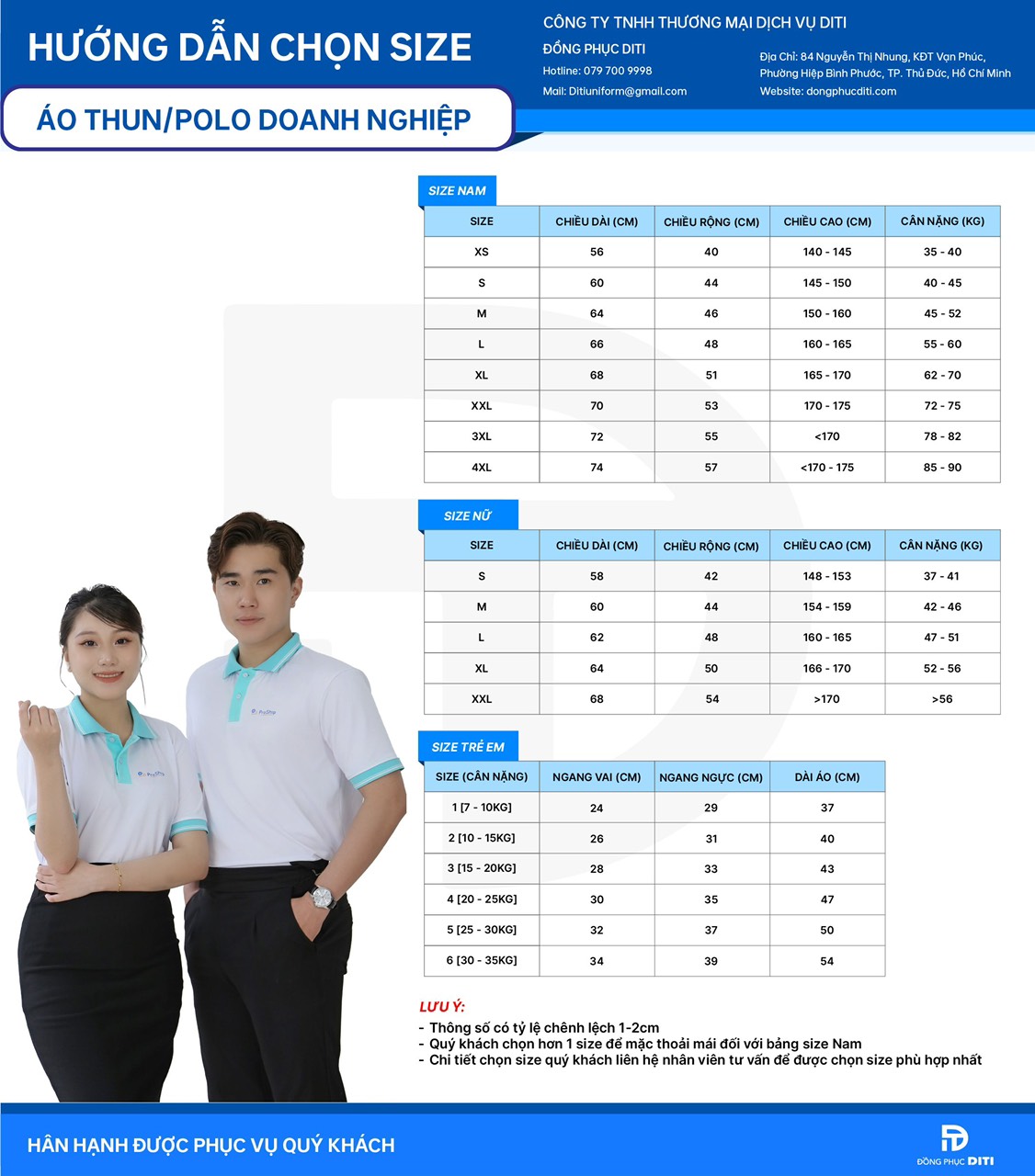Bảng size áo polo đồng phục