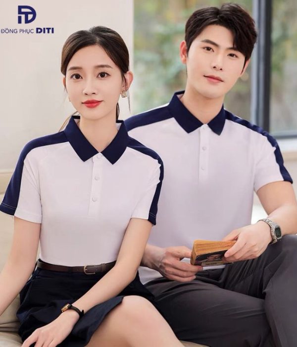 Áo polo đồng phục phối trắng xanh đen công ty