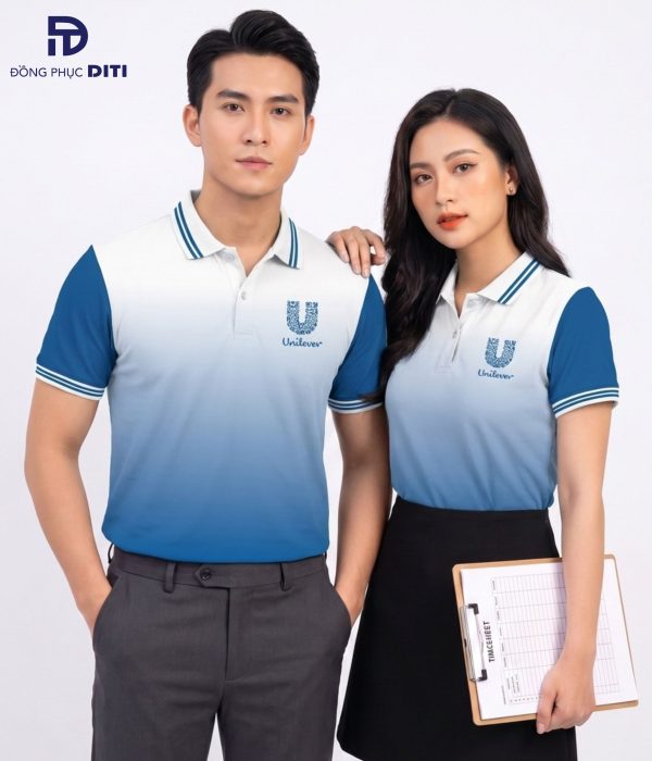 Áo polo đồng phục doanh nghiệp màu xanh trắng thiết kế hiện đại cho nhân viên công ty