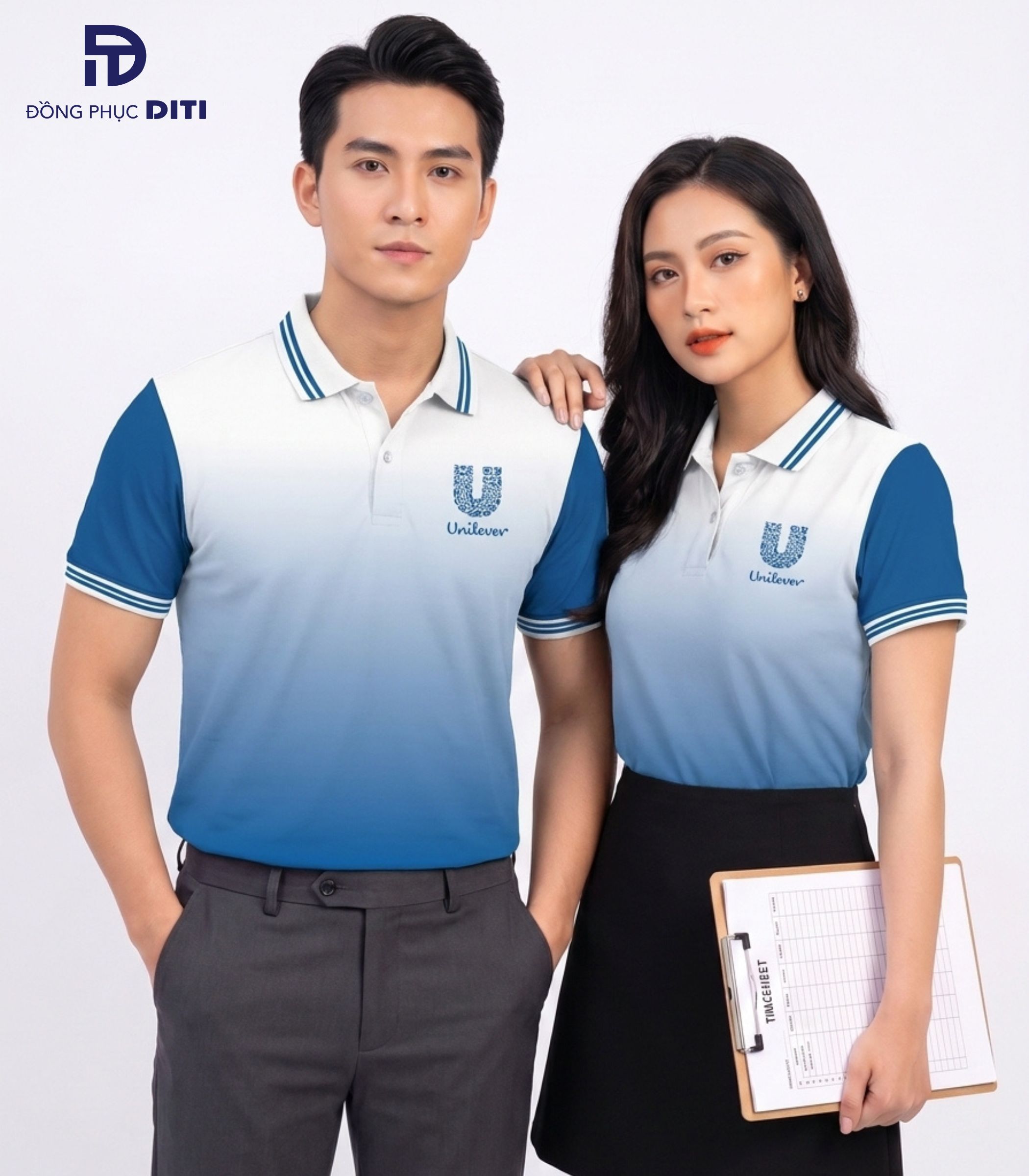 Áo polo đồng phục doanh nghiệp màu xanh trắng thiết kế hiện đại cho nhân viên công ty
